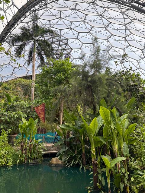 Indoor tropical garden with a pond and seating area.
