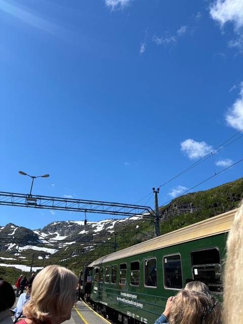      People at a train station with a scenic backdrop.
  