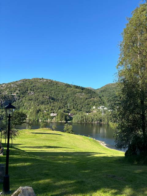       Green hills with a calm lake under a blue sky.
  