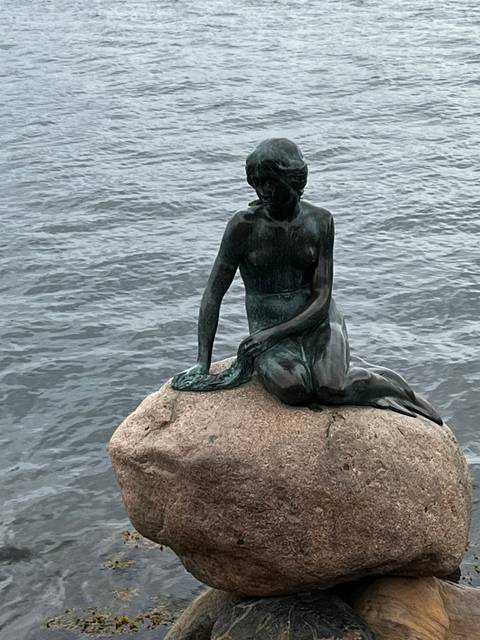       Statue of a mermaid on a rock by the sea.
  