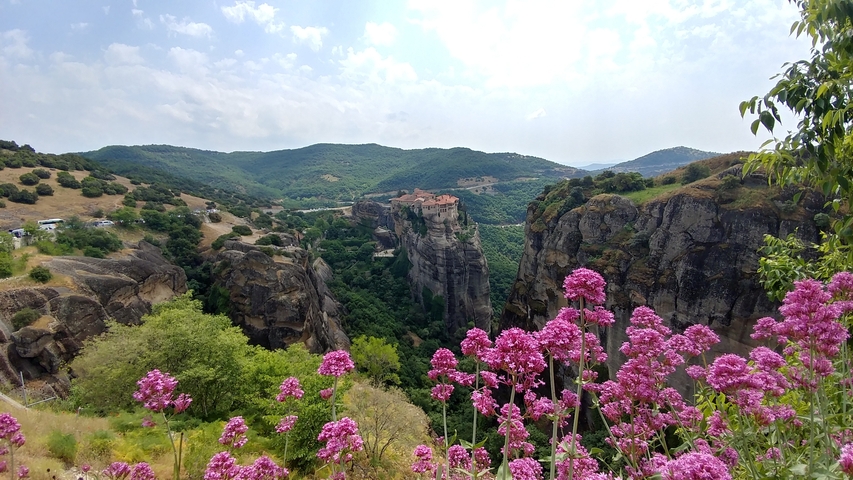       Cliff view with a monastery and blooming flowers.
  