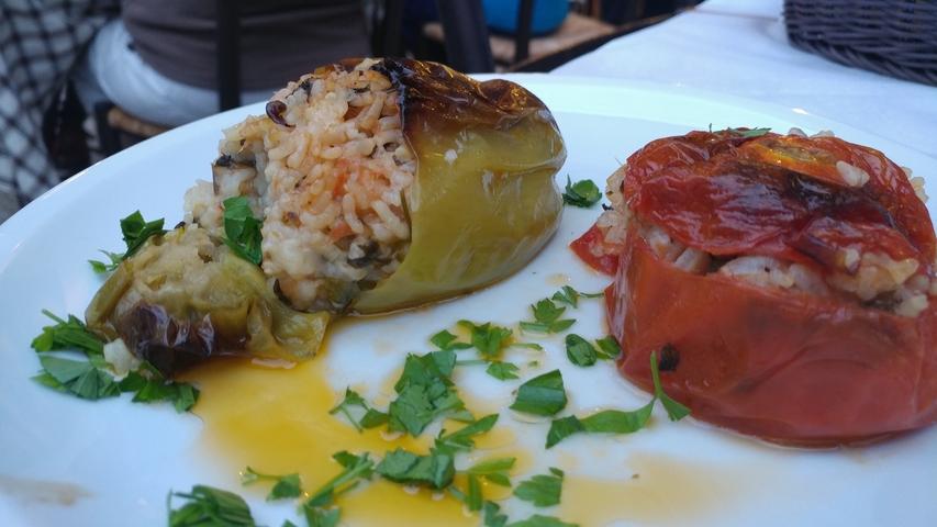       Plate of stuffed vegetables on a white plate.
  