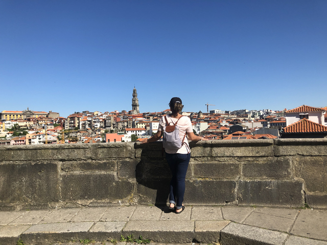 Person looking out over a European cityscape with historic architecture.