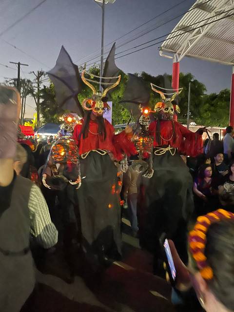       Parade with participants dressed in vibrant costumes at night.
  