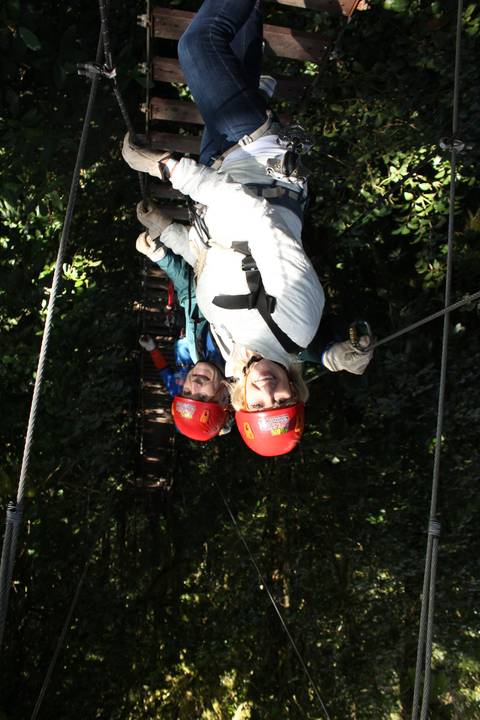       Two people on a zip-line adventure in a dense forest.
  