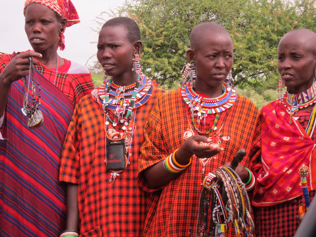 Group of Maasai women wearing traditional attire and jewelry.