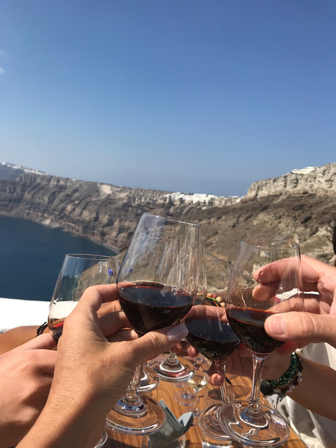 Wine glasses raised against a coastal backdrop.