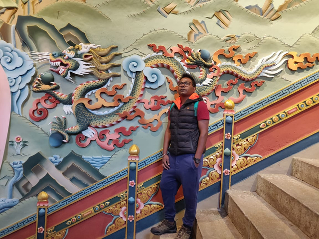 A person standing in front of a decorative dragon mural.