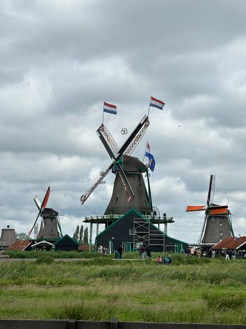       Traditional windmill on a grassy field with flags.
  