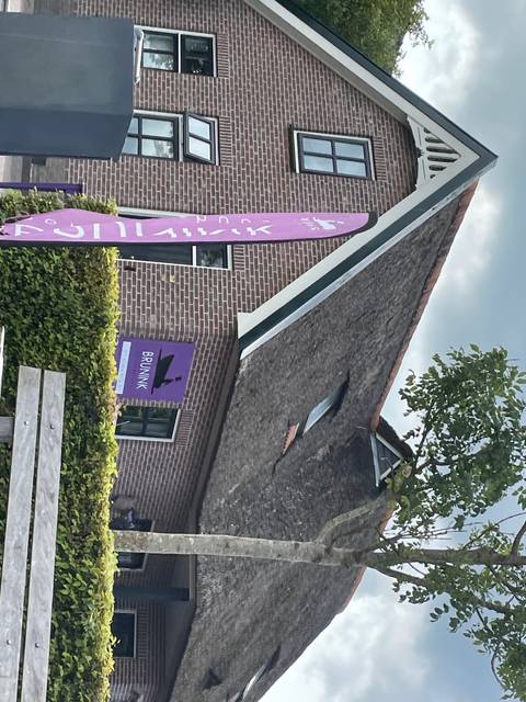 Brick building with a thatched roof and 'BRUNINK' sign.