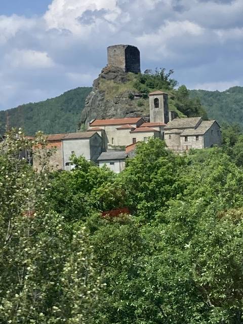 Stone buildings and a tower on a hillside surrounded by greenery.