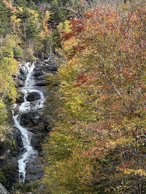       Small waterfall framed by autumn leaves.
  