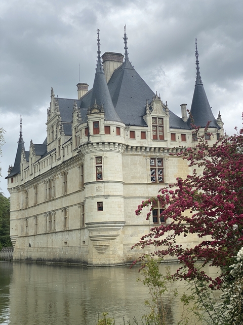 Château with ornate towers and blossoming trees.