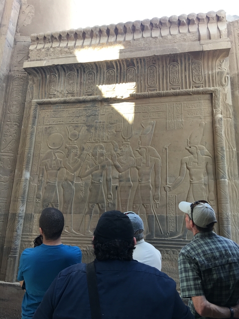       Tourists observing detailed ancient Egyptian carvings.
  