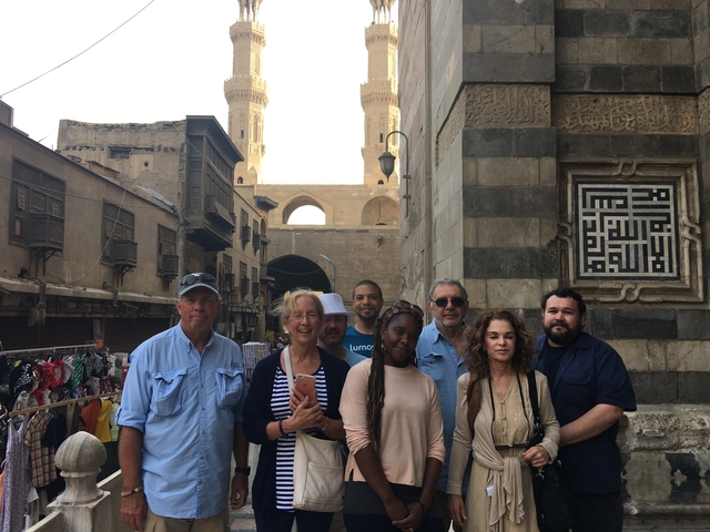       Group standing in front of the Mosque of Sultan Hassan in Cairo.
  