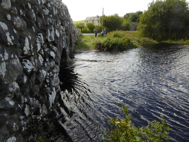       Stone bridge over a flowing river with greenery around.
  