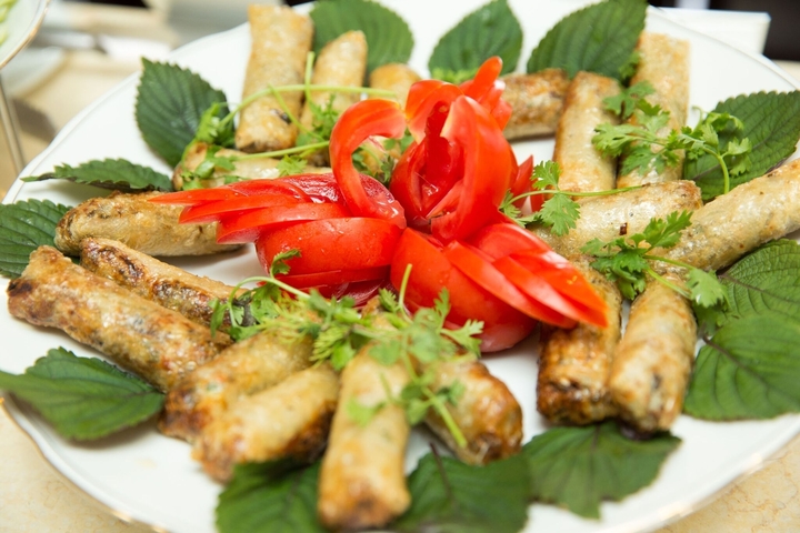       Plate of Vietnamese spring rolls with garnish
  