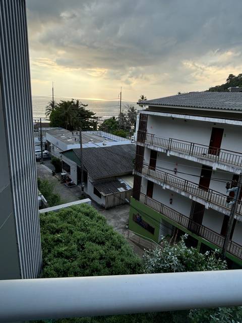 Building view with plants and a partial sea view.