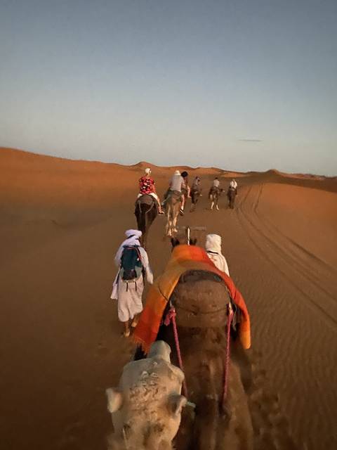 Group of people riding camels across a desert.
