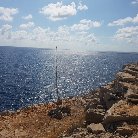       Rocky coast with calm sea and a single vertical stick.
  