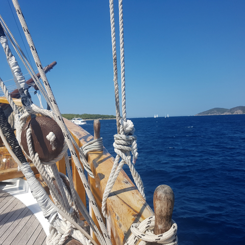       View from ship's deck towards open sea with sailboats.
  