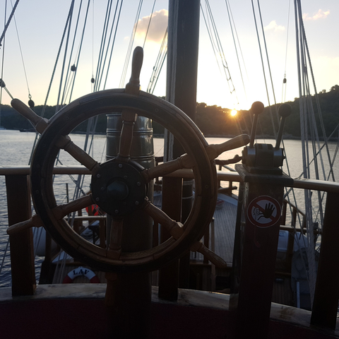       Ship's wheel and water at sunset.
  