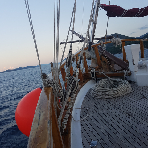       Deck of a wooden boat with ropes, a buoy, and water view.
  