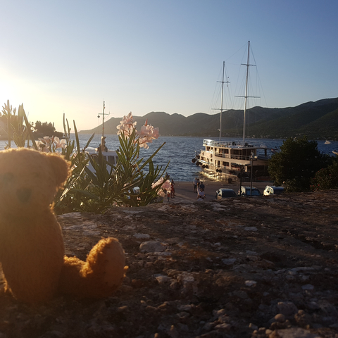       Boats docked at a scenic lake during sunset.
  