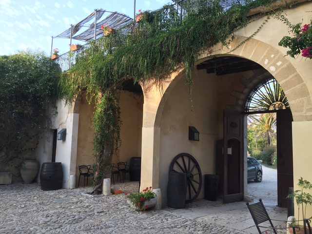Stone archway with greenery and rustic decor.