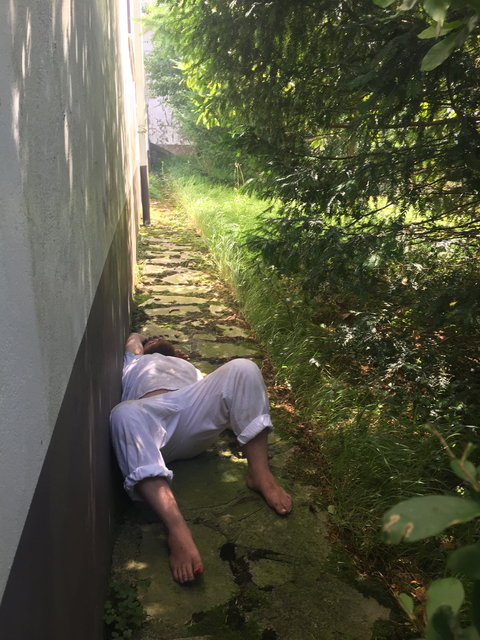       Person lying on the ground next to a building and foliage.
  