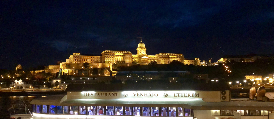 Illuminated cityscape at night with a large building by the river.