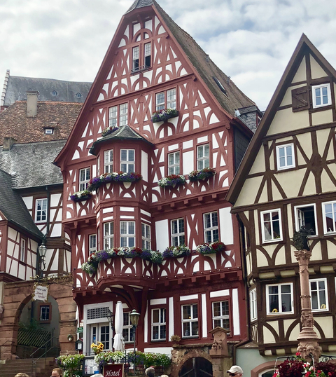 Traditional European half-timbered buildings with flower boxes.