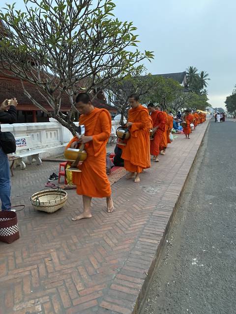 Monks in saffron robes participating in a traditional ceremony.
