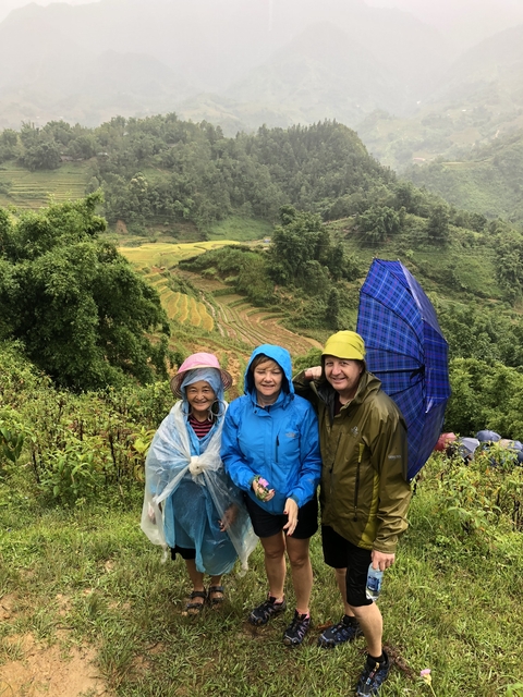 People in rain gear with umbrellas on a misty mountain path.