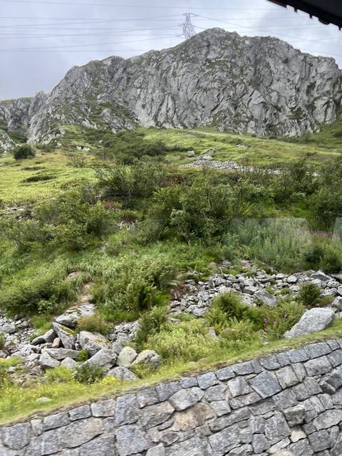       Alpine landscape with rocky terrain.
  