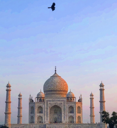 Iconic view of the Taj Mahal with its domes and minarets against the sky.
