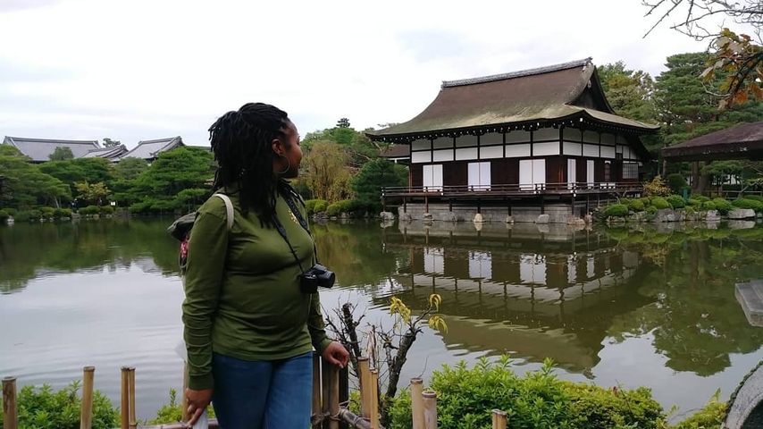      Person admiring a traditional Japanese building by a pond.
  