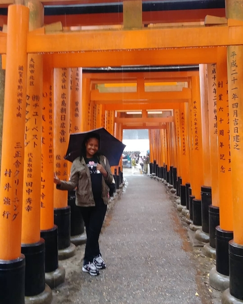       Person with an umbrella walking through a series of torii gates.
  