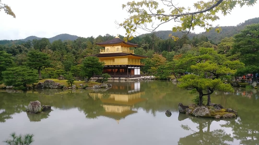       Golden pavilion reflected in a pond, surrounded by trees.
  