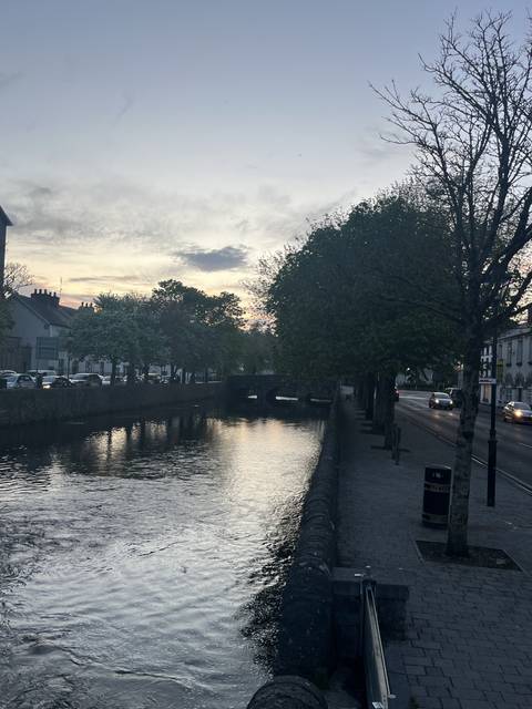 Riverside path with trees and reflections on water.