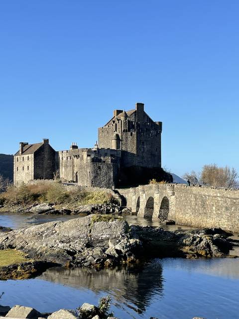       Medieval castle by a water body.
  