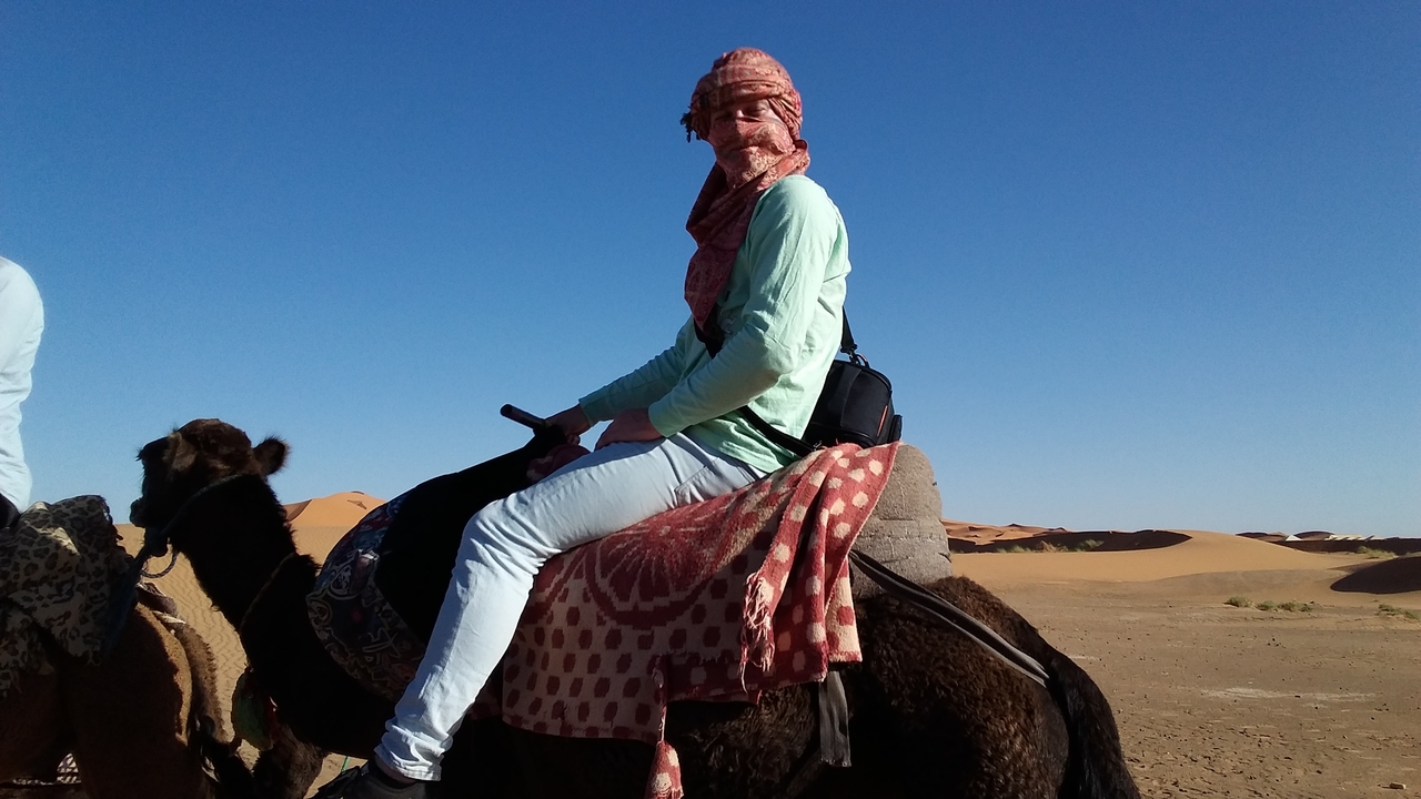 Person riding a camel through the desert landscape.