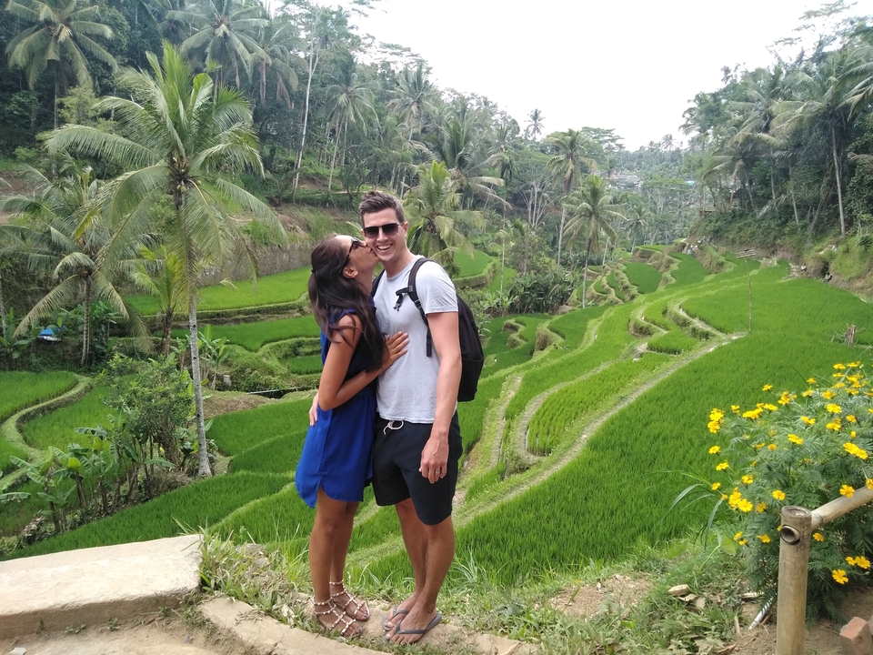 Couple posing in lush green rice terraces with palm trees.