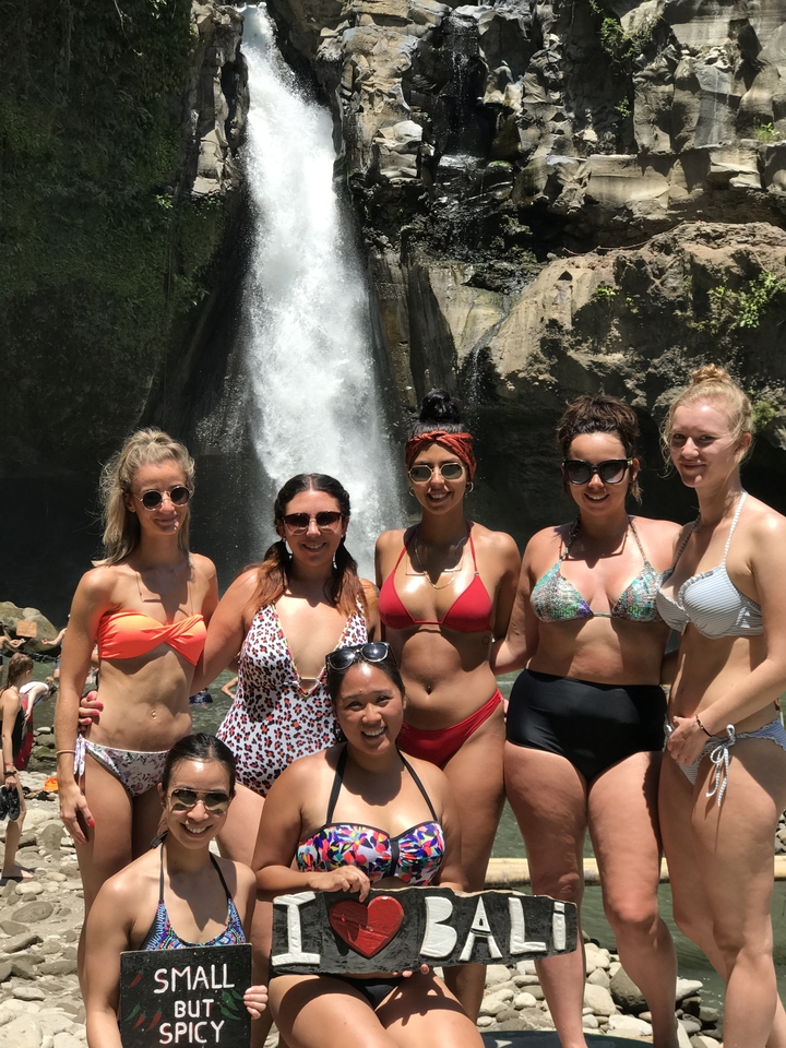Group of people in swimwear standing in front of a waterfall.