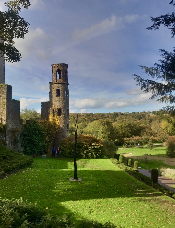 Oude stenen toren omringd door groen.