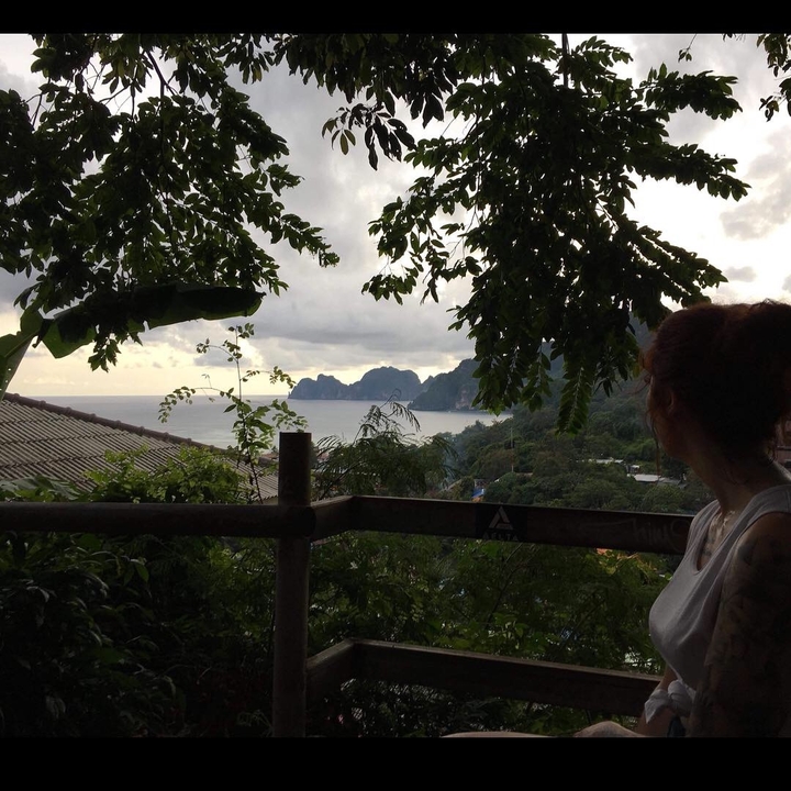 Person looking at a seaside view with lush greenery.