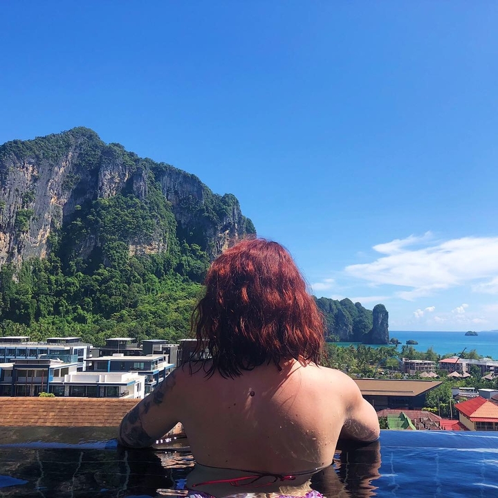 Back view of a person overlooking a mountainous coastal area.