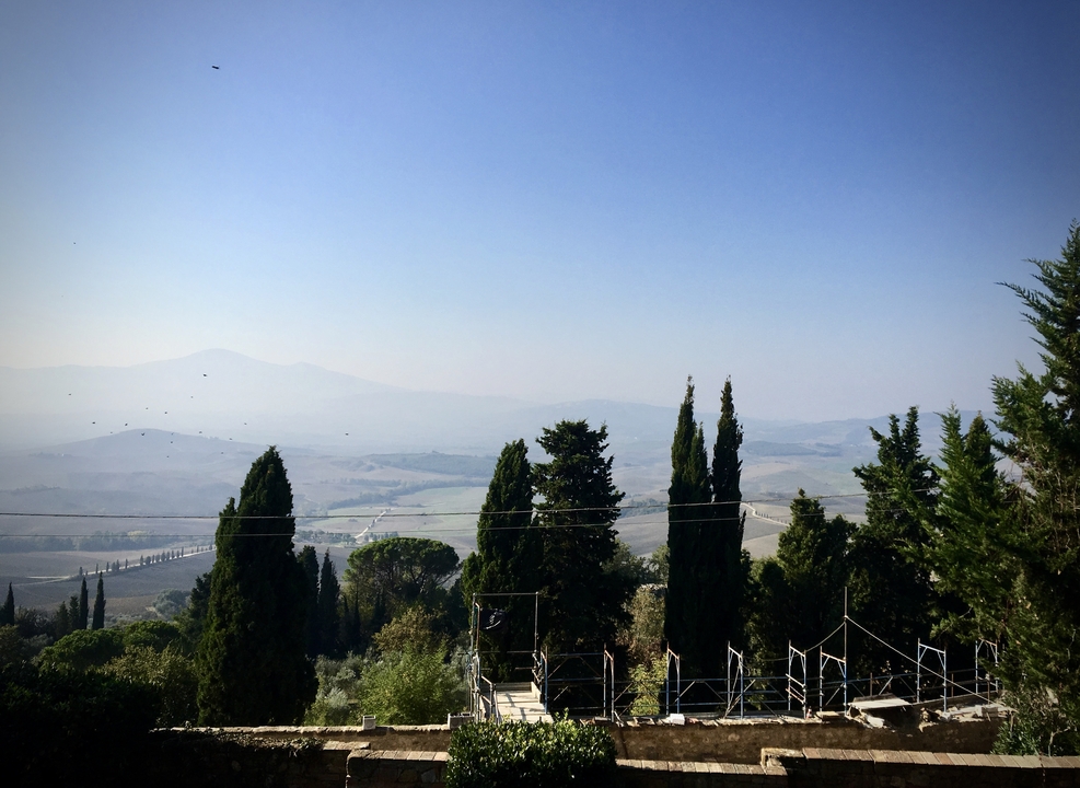 Une vue pittoresque avec des cyprès et des collines ondulantes au loin.