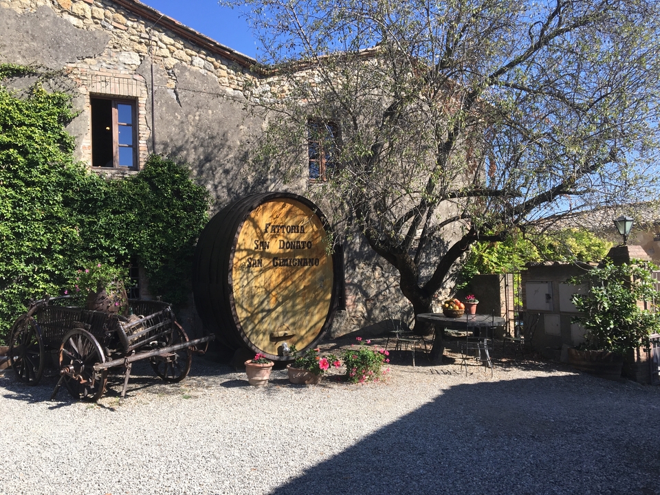 Cadre rustique avec un grand tonneau à vin et des arbres.