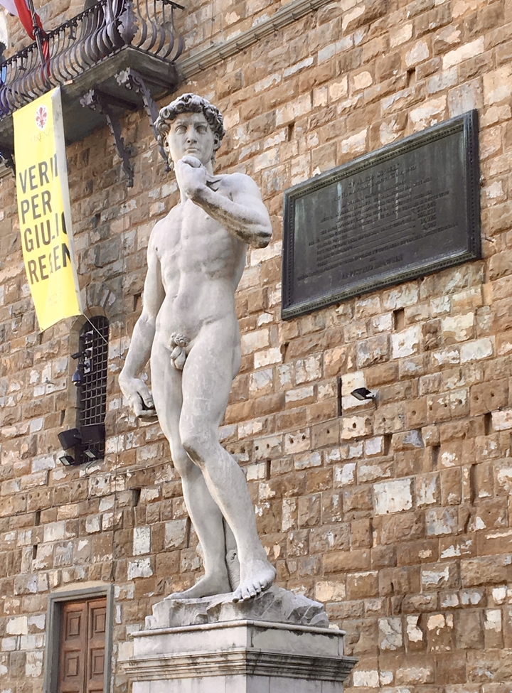 Statue de David contre un mur de briques.